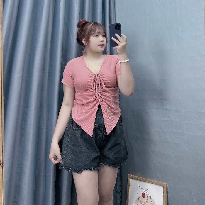 Áo Thun Bigsize Nữ,Áo Kiểu Croptop Dây Rút Big Size Chất Vải Gân Tăm Mềm Mát Lên Phom Đẹp G42