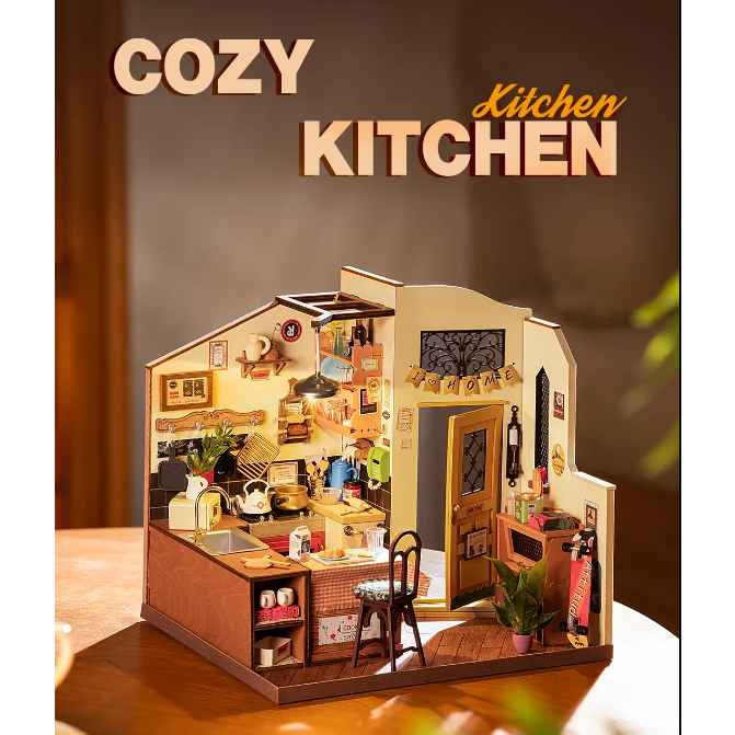 Mô hình ROBOTIME Nhà bếp Cozy Kitchen Rolife DIY Miniature House Kit Nhà Búp bê tự làm bằng gỗ có đèn led