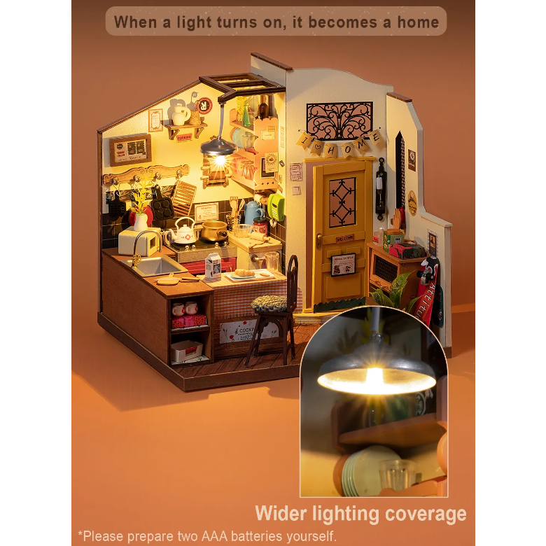 Mô hình ROBOTIME Nhà bếp Cozy Kitchen Rolife DIY Miniature House Kit Nhà Búp bê tự làm bằng gỗ có đèn led