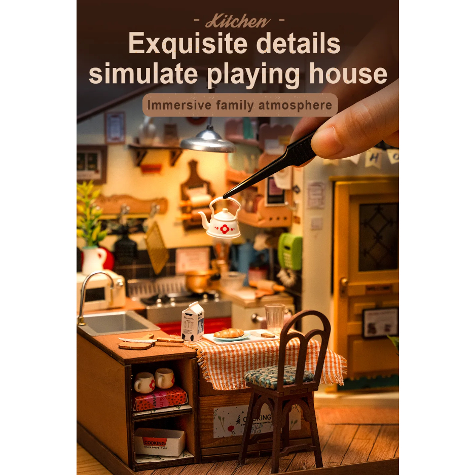 Mô hình ROBOTIME Nhà bếp Cozy Kitchen Rolife DIY Miniature House Kit Nhà Búp bê tự làm bằng gỗ có đèn led