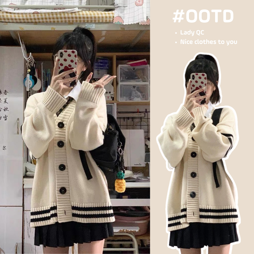 Cardigan len nữ kiểu hàn phối màu be nâu, Áo khoác len cadigan dài tay LADY ulzzang from rộng trẻ trung đẹp