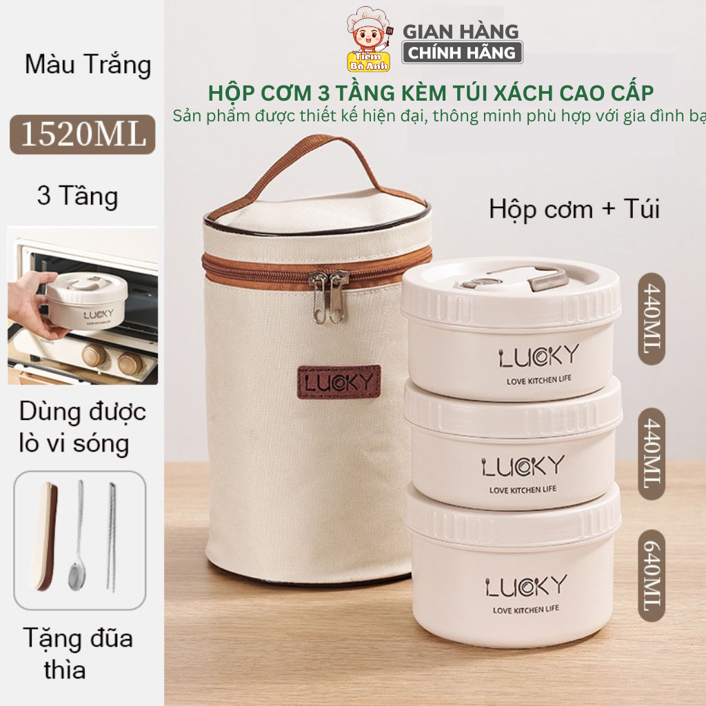 Hộp đựng cơm giữ nhiệt văn phòng lúa mạch Lunch box 3 tầng Inox 304 chống gỉ cao cấp, sang trọng, bảo hành 12 tháng