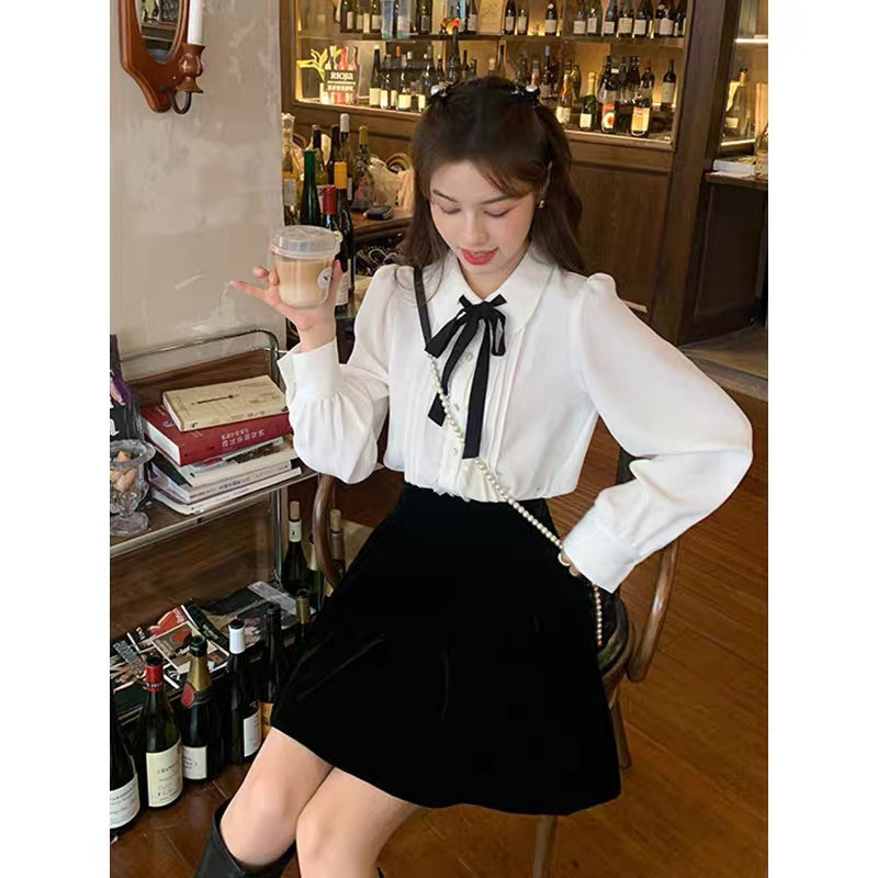 Áo sơ mi trắng nữ có nơ buộc thiết kế basic mùa thu phong cách Ulzzang nữ tính DELIZ STUDIO