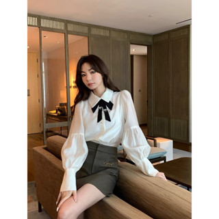  Áo sơ mi kiểu tay phồng cổ đứng chất thô lụa mềm mịn kèm nơ tiểu thư mùa thu Ulzzang 