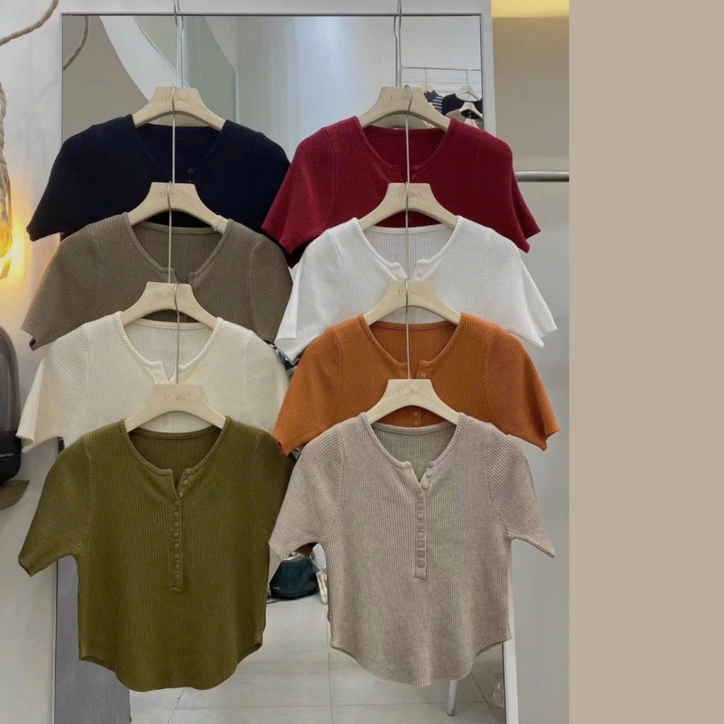 Áo len tay cộc QC cổ xẻ V nhiều khuy vạt tròn , áo len vạt tròn cổ V khuy yoome clothing