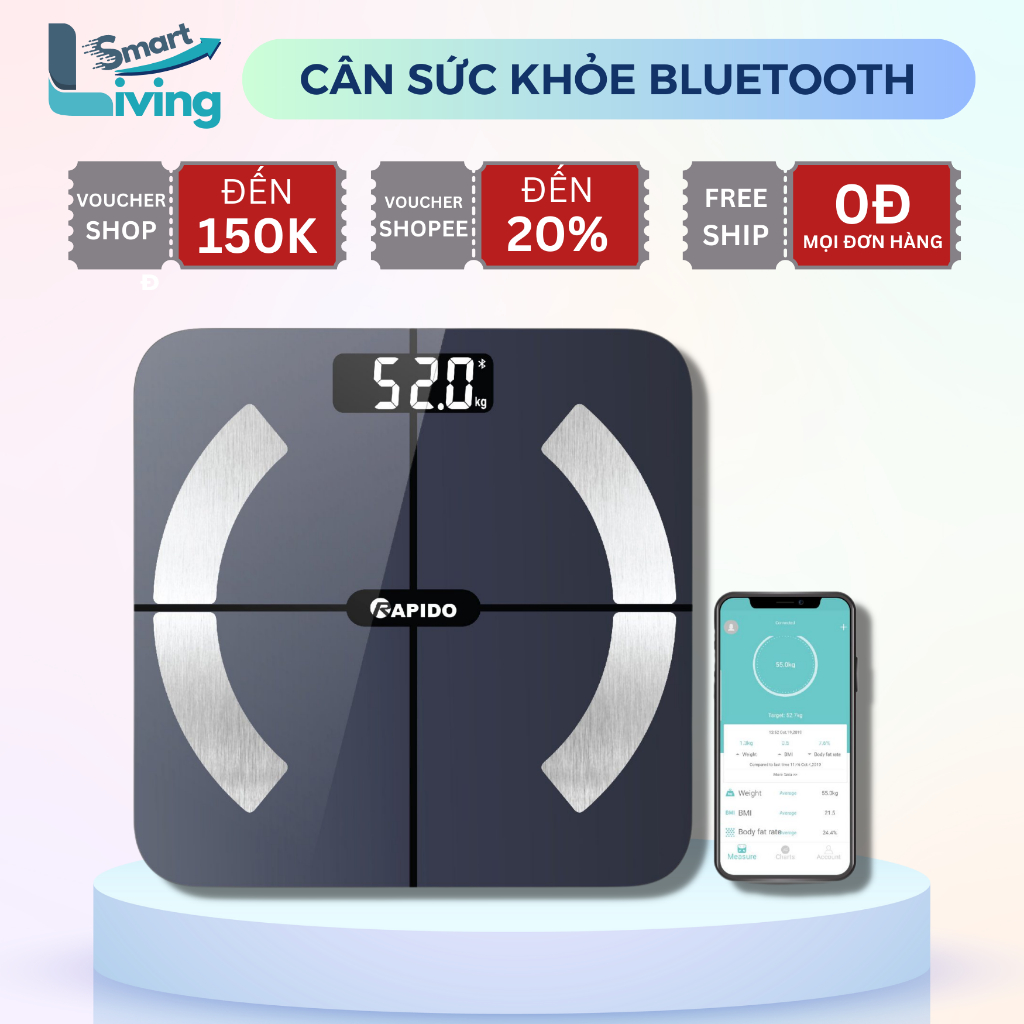 Cân điện tử sức khỏe thông minh Rapido RSB02-S, kết nối bluetooth, đo