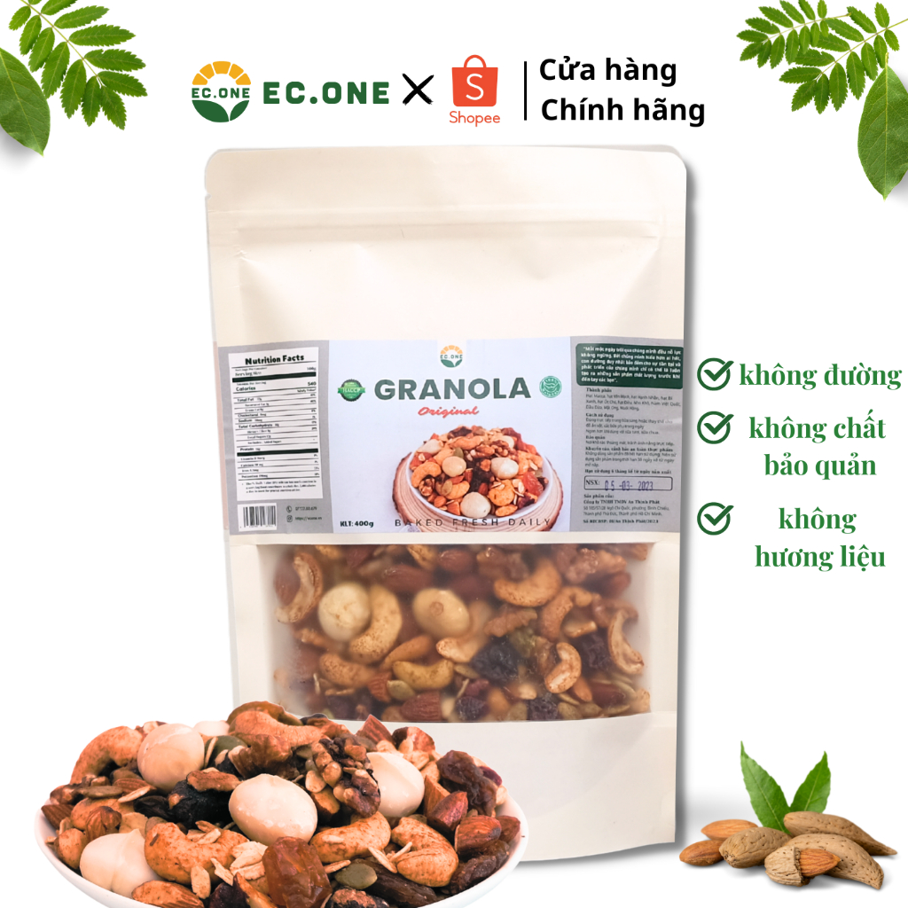 Ngũ Cốc Granola Nướng Mật Ong Nguyên Vị Ec-One Không Đường Hỗ Trợ Giảm Cân Bổ Sung Chất Xơ Túi 400g