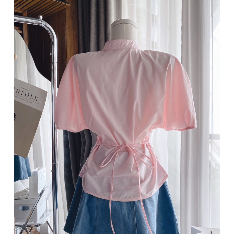 Florence - Set áo sơ mi tay phồng hồng và chân váy jean phối kiểu pastel