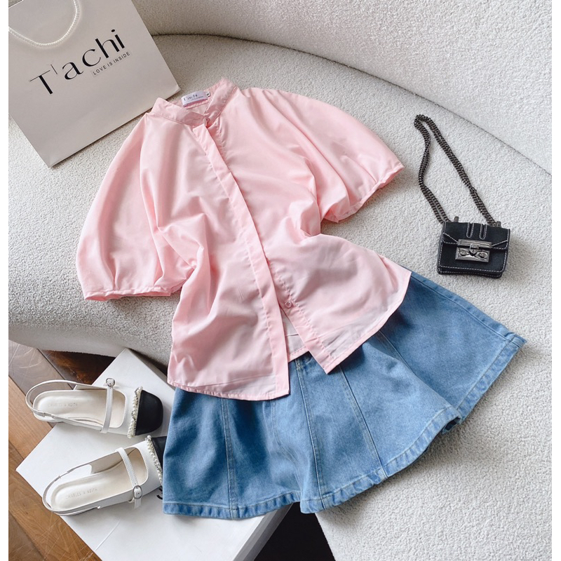 Florence - Set áo sơ mi tay phồng hồng và chân váy jean phối kiểu pastel