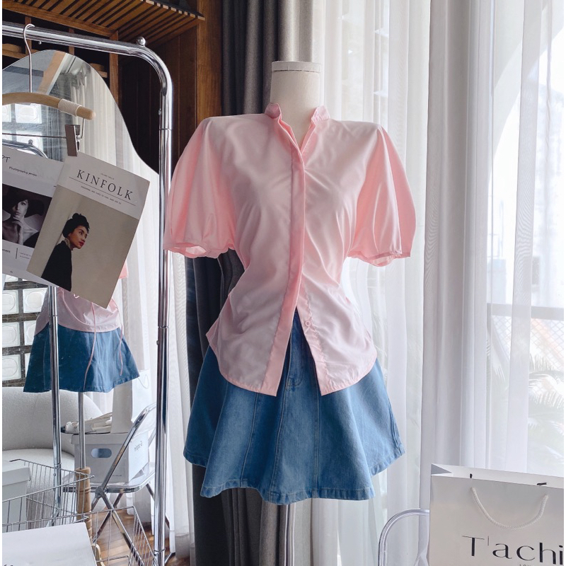 Florence - Set áo sơ mi tay phồng hồng và chân váy jean phối kiểu pastel