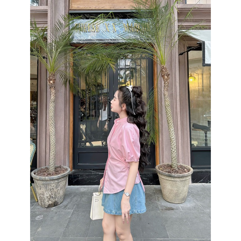 Florence - Set áo sơ mi tay phồng hồng và chân váy jean phối kiểu pastel