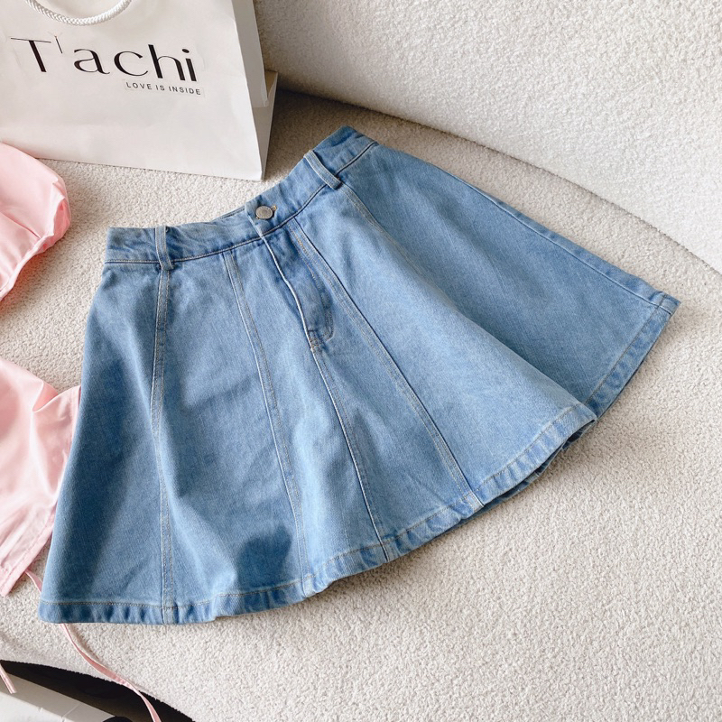 Florence - Set áo sơ mi tay phồng hồng và chân váy jean phối kiểu pastel