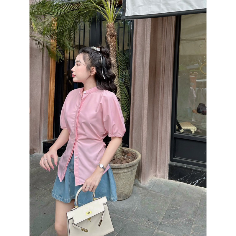 Florence - Set áo sơ mi tay phồng hồng và chân váy jean phối kiểu pastel