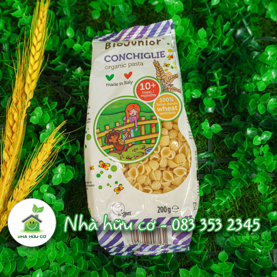 Mì nui ăn dặm hữu cơ cho bé HÌNH VỎ SÒ - BIO JUNIOR 200g/100g (Từ 10 tháng tuổi) - Date: 24/8/2024 - Nhà Hữu Cơ
