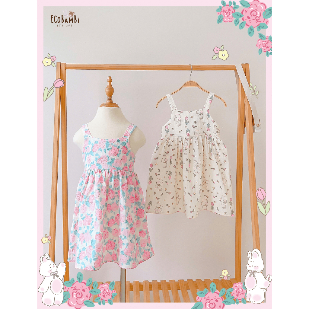 Đầm muslin công chúa dáng xoè babydoll hai dây bé gái BB-23DAMBG035 - ECOBAMBI
