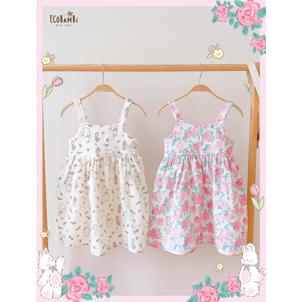 Đầm muslin công chúa dáng xoè babydoll hai dây bé gái BB-23DAMBG035 - ECOBAMBI
