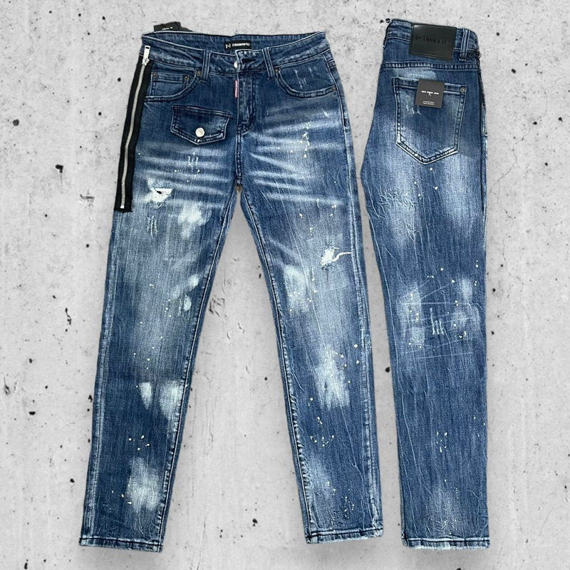 Quần jean bò nam Dsq2 biker slimfit xanh khói thêu khoá zip dọc viền đùi phối túi giả rách nhẹ vảy sơn