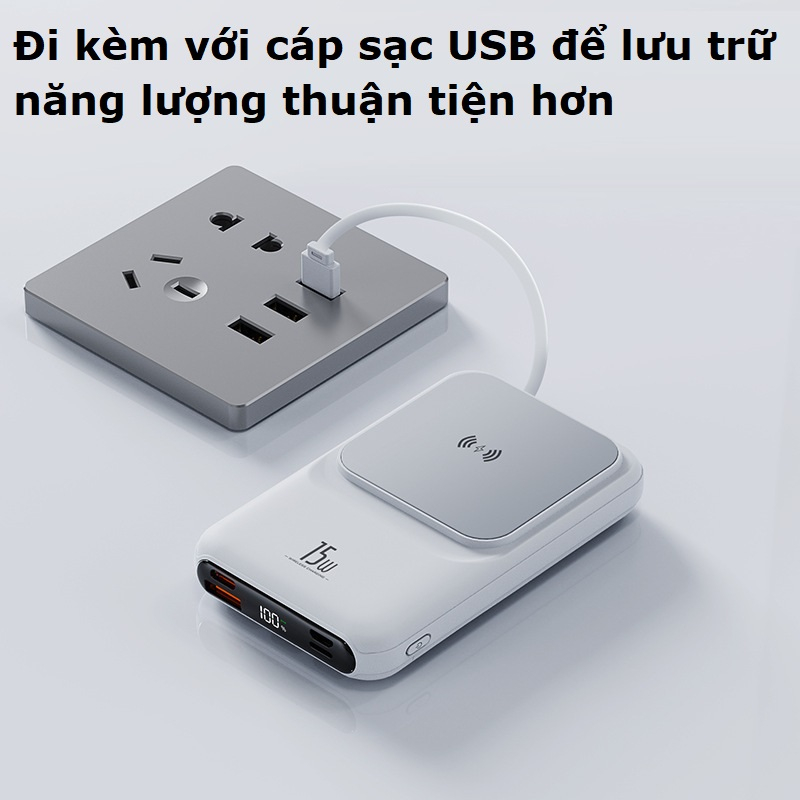 Sạc dự phòng không dây Gutek W10 sạc nhanh 22,5W pin dung lượng 15000mah tích hợp dây sạc cho nhiều điện thoại