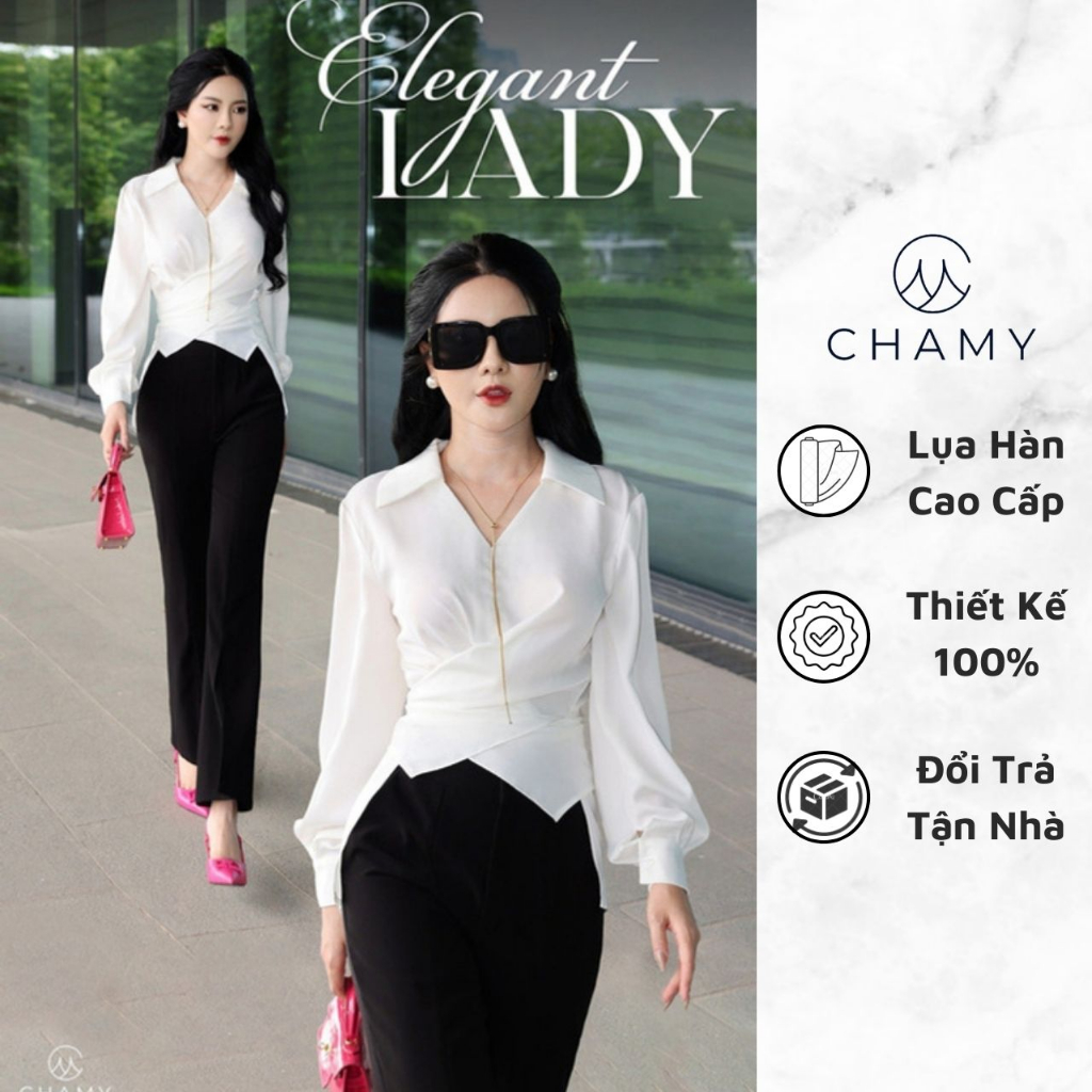 Áo Kiểu 𝐂𝐇𝐀𝐌𝐘 2306030ADSI Dáng Ôm Thiết Kế Vạt Chéo Hack Eo Chất Liệu Lụa Hàn Cao Cấp