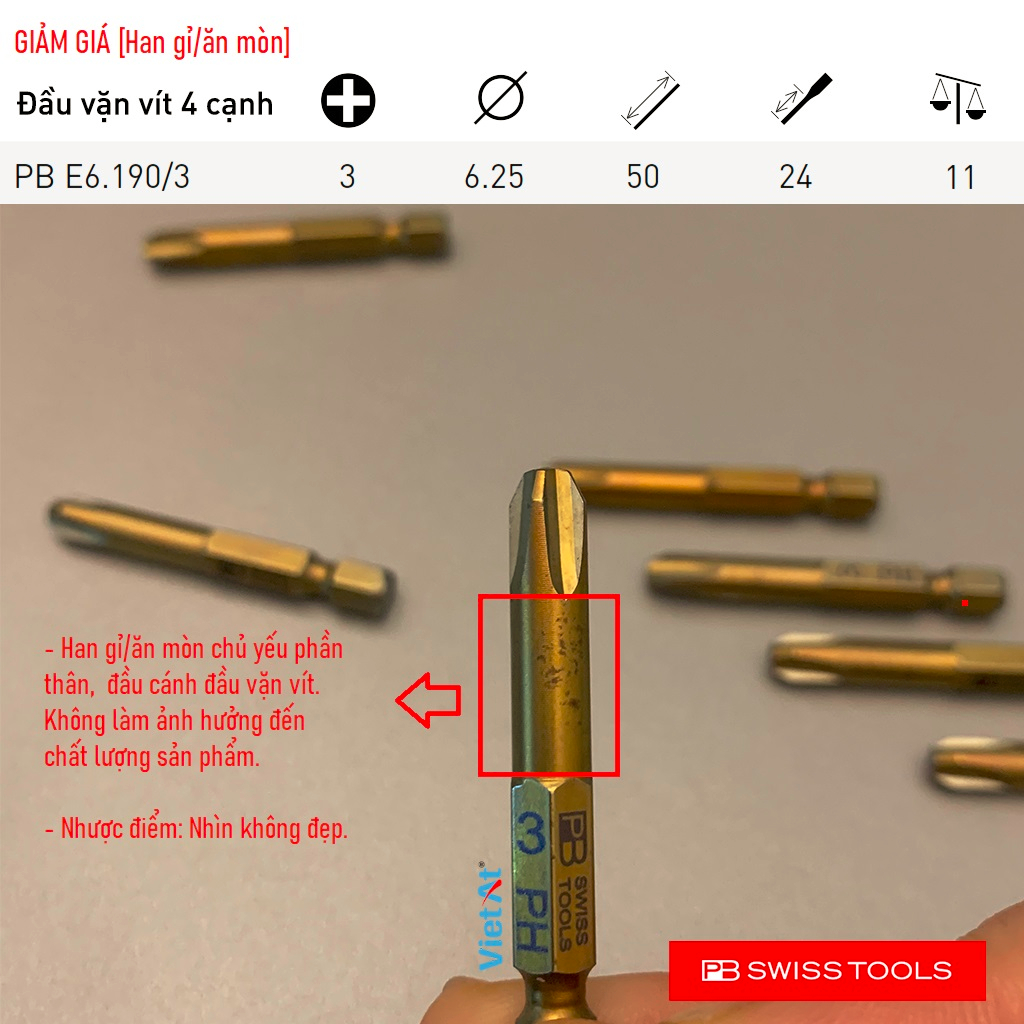 Đầu vặn vít 4 cạnh PB E6.190/3-NG (PH 3) dài 50mm PB Swiss Tools, kiểu dáng E 6.3 (1/4”)