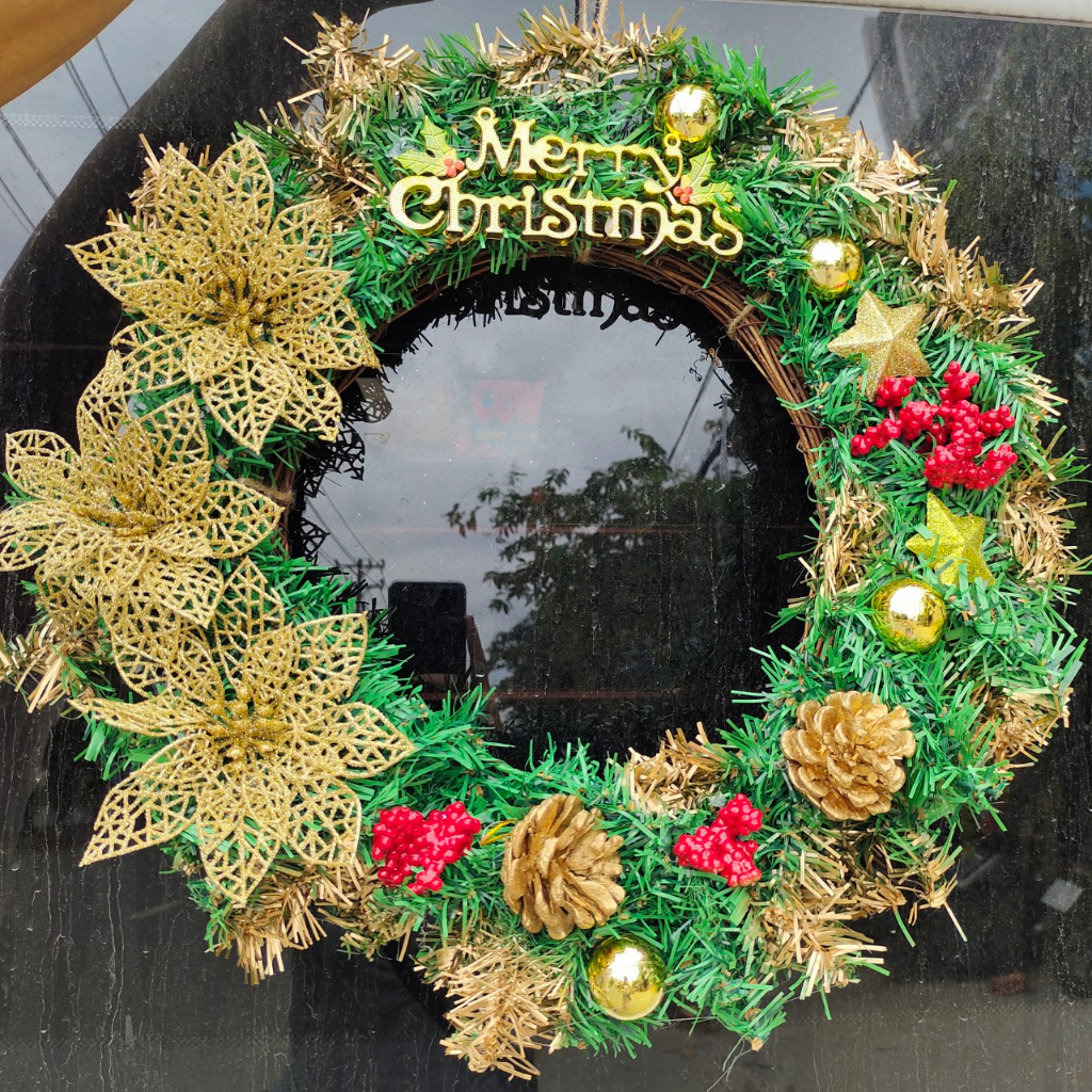 Vòng hoa Noel D15 40CM Vòng Hoa Trang Trí Noel Vòng Nguyệt Quế Giáng Sinh Có Đèn