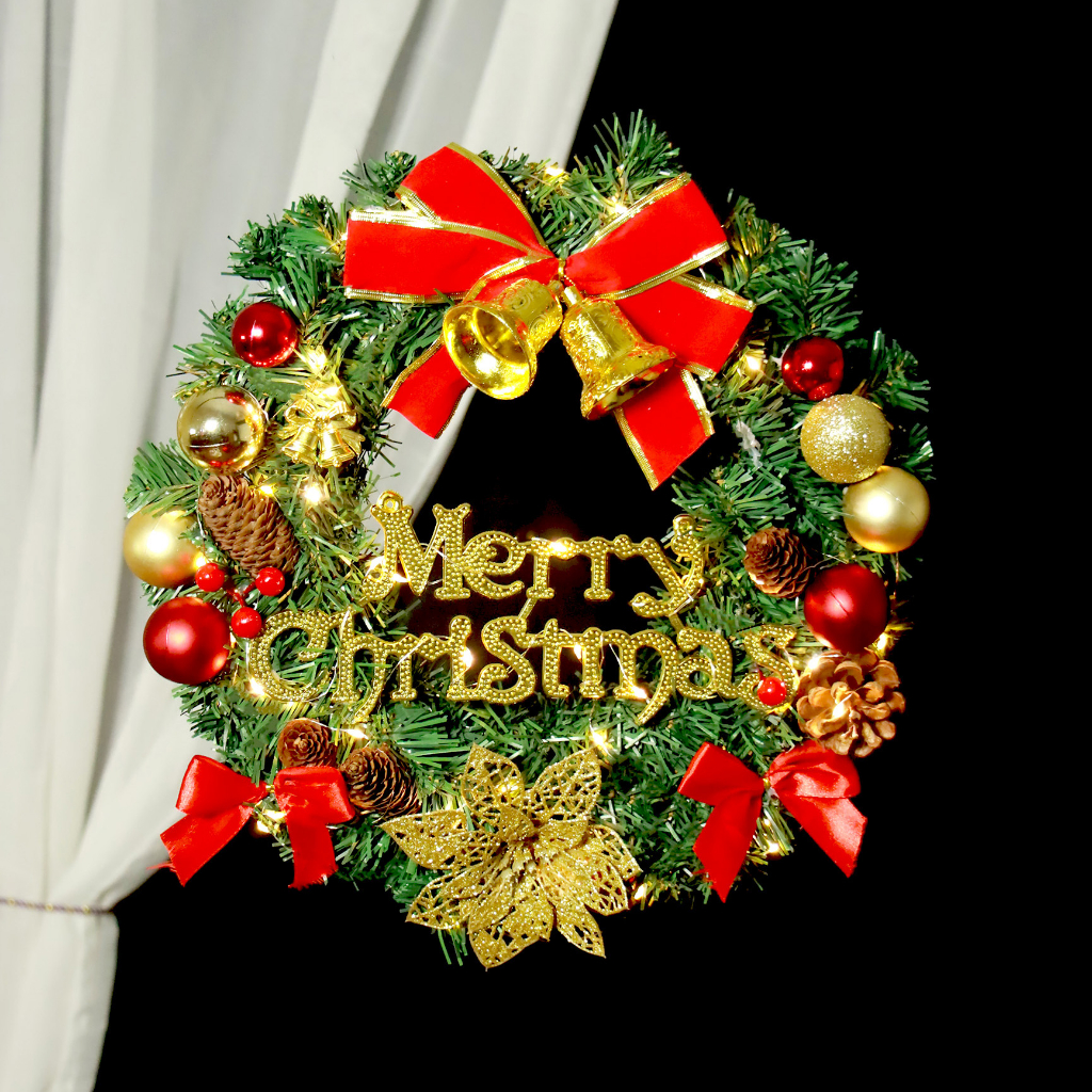Vòng hoa Noel D19 30CM Vòng Hoa Trang Trí Noel Vòng Nguyệt Quế Giáng Sinh Có Đèn