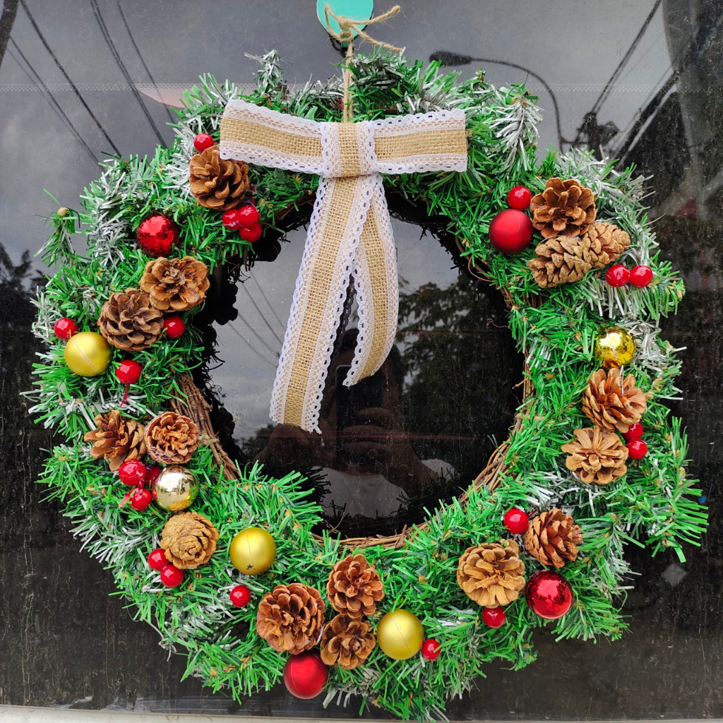 Vòng hoa Noel D13 40CM Vòng Hoa Trang Trí Noel Vòng Nguyệt Quế Giáng Sinh Có Đèn