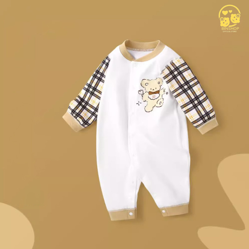 Bodysuit cho bé dài tay Hình Gấu dễ thương, Áo liền quần cho bé chất Cotton mềm mịn mẫu quần áo sơ sinh cho bé 0-12M