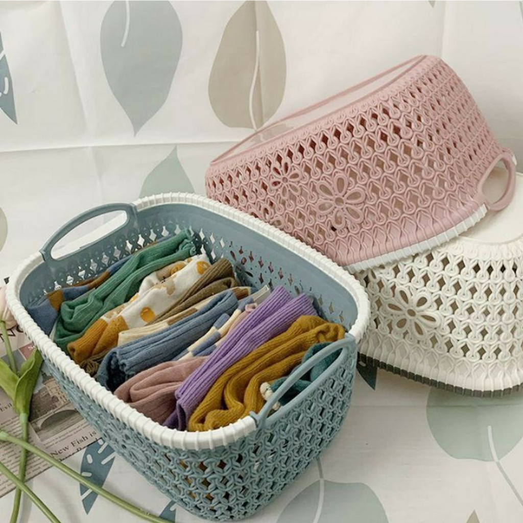 Rổ nhựa giả đan mây có quai cầm Việt Nhật, giỏ hoa 2 size màu pastel xinh xắn -kimbao