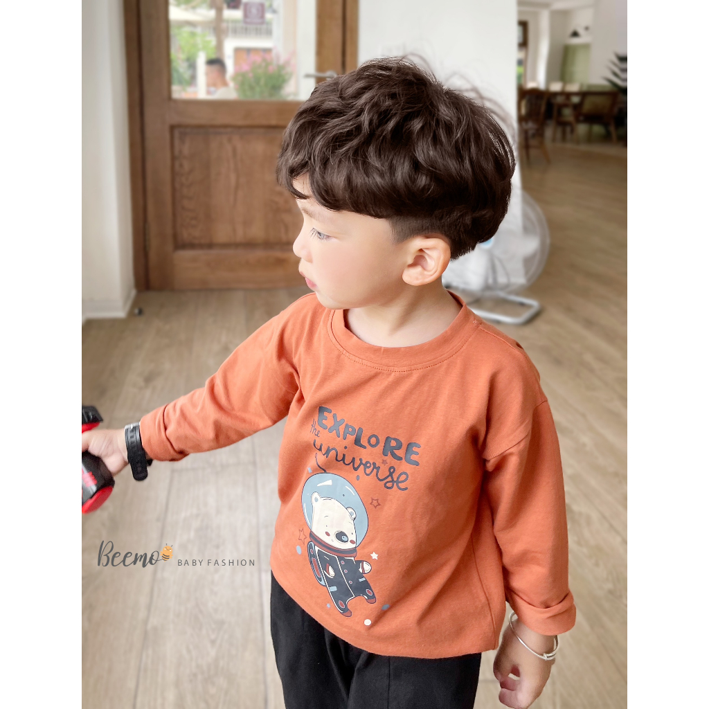 Áo thun Beemo dài tay cho bé trai, in hình phi hành gia gấu, chất liệu cotton mềm mại, từ 1 đến 7 tuổi B23375AD