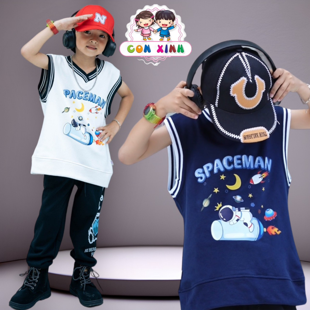 Áo gile bé trai Con Xinh phom suông phong cách Hàn Quốc hình in SPACEMAN,thời trang thu đông cho bé từ 4 đến 10 tuổi