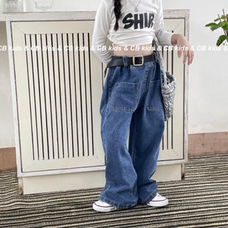 Sét quần jean ống suông rộng có thắt lưng phong cách Hàn Quốc kèm áo thun cotton dài tay thời trang dành cho bé gái