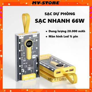 Sạc dự phòng 20000 mAh màn hình LED trong suốt hỗ trợ sạc nhanh 66W và PD 20W, kèm usb 3.0 Type C MVSTORE