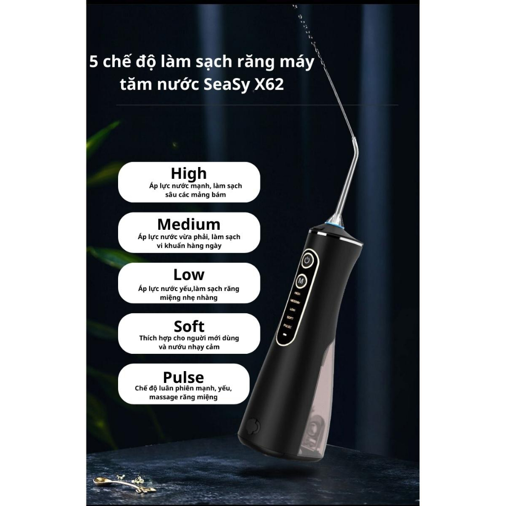 Tăm nước cầm tay SeaSy X62 với 5 chế độ chăm sóc răng miệng, làm sạch mảng bám trên răng và bảo vệ nướu