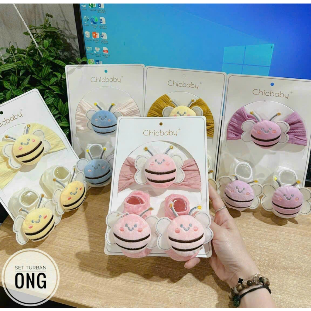 Set turban ong kèm tất hình thú cho bé trai và bé gái từ 0-1 tuổi, set băng đô siêu cute