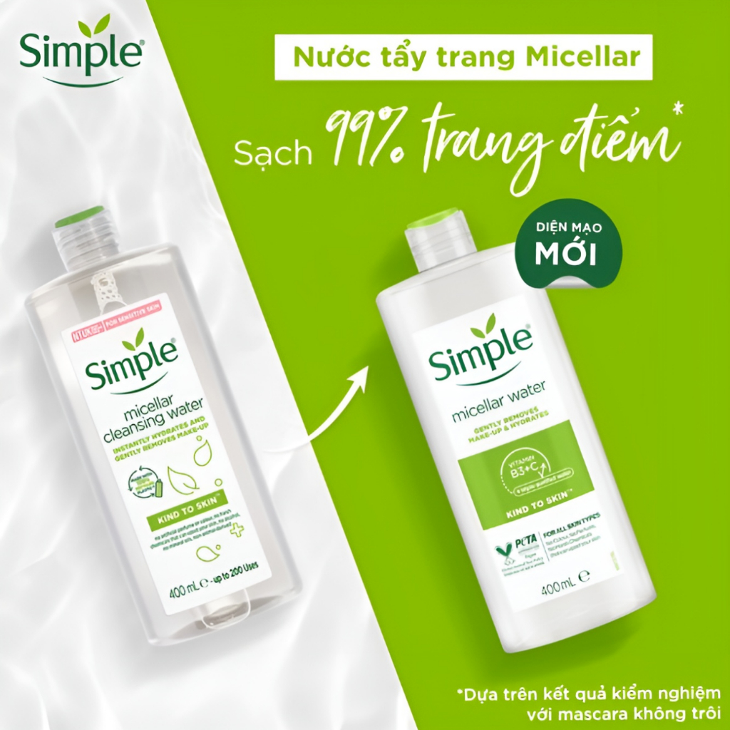 Nước Tẩy Trang Simple Micellar Water Làm Sạch Lớp Trang Điểm Make Up Mặt Mắt Môi Dưỡng Cấp Ẩm Da Dầu Nhạy Cảm 200/400ml