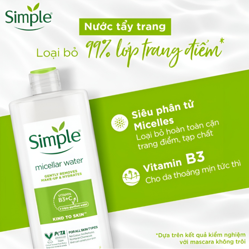 Nước Tẩy Trang Simple Micellar Water Làm Sạch Lớp Trang Điểm Make Up Mặt Mắt Môi Dưỡng Cấp Ẩm Da Dầu Nhạy Cảm 200/400ml