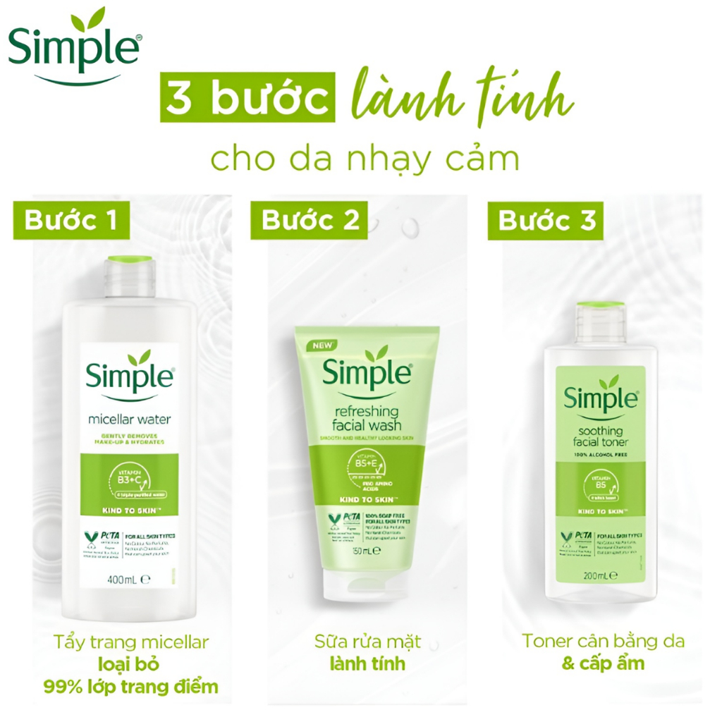 Nước Tẩy Trang Simple Micellar Water Làm Sạch Lớp Trang Điểm Make Up Mặt Mắt Môi Dưỡng Cấp Ẩm Da Dầu Nhạy Cảm 200/400ml