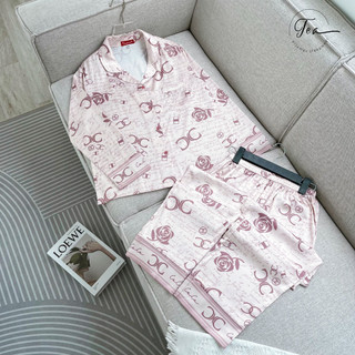 Bộ mặc nhà Pyjama lụa cao cấp Tea Store tay dài quần dài họa tiết chữ hoa sang trọng