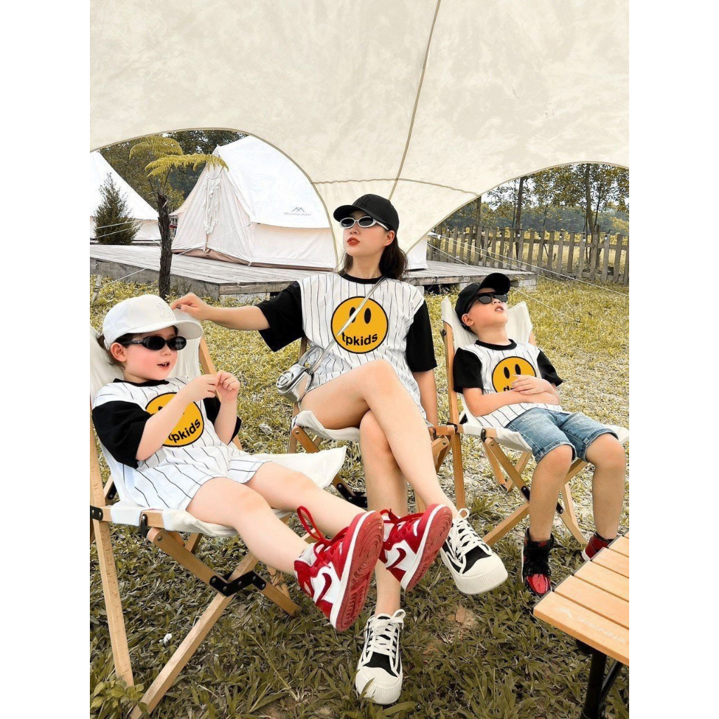 Áo phông kẻ tay pha đen hình mặt cười cho bé,áo phông gia đình,unisex,TP KIDS