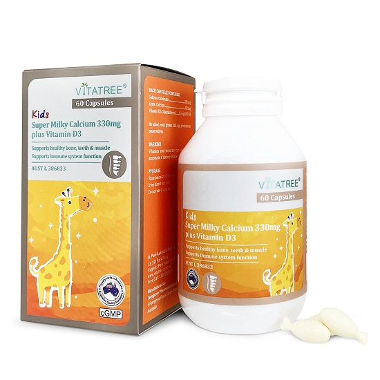 Viên uống hỗ trợ bổ sung Canxi D3 Vitatree Kids Super Milky Calcium 330mg giúp hỗ trợ hệ xương và hệ miễn dịch