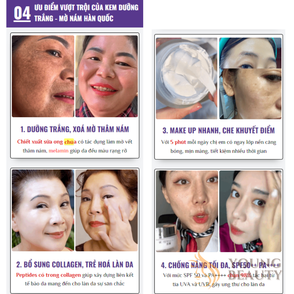 Kem lười đa năng HONEY BEAUTY - Kem dưỡng trắng da, mờ thâm nám, nâng tone thay lớp make up lọ 50g - YOUNG BEAUTY