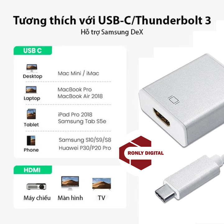 Hub TypeC To HDMI FullHD, thunderbolt3 to HDMI, Kết nối Type C Sang HDMI FullHD, Type C To HDMI Female