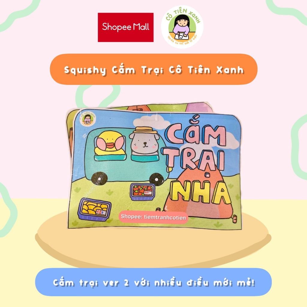 [Mới] Bộ Tranh Đồ Chơi Giấy Cô Tiên Xanh Squishy Đi Cắm Trại + Bông Gòn + Băng keo