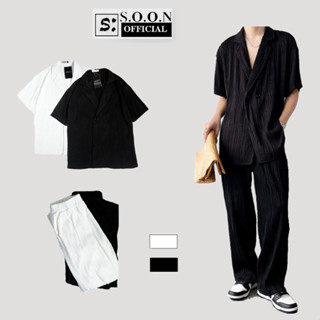 Set đồ nam Soonvn gồm áo blazer ngắn tay kèm quần ống suông chất liệu gân sóng DB01