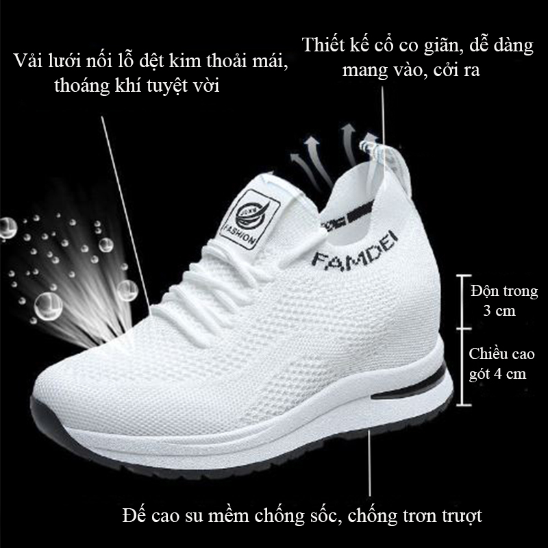 Giày thể thao nữ sneaker độn đế 7 phân đẹp màu trắng siêu nhẹ chất liệu vải cho trung niên bảo hành 1 năm SZ103 TIMAN