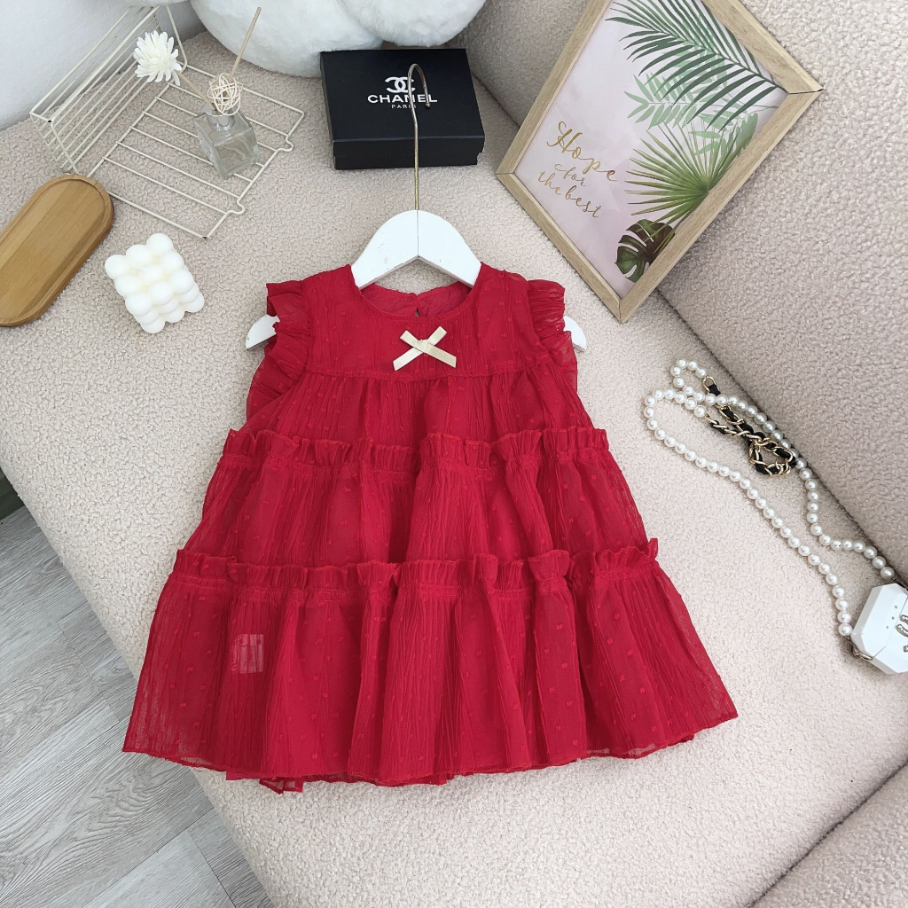 Váy Sát Nách Cho Bé Gái Xếp Tầng Đi Học Màu Đỏ Dễ Thương Chất Siêu Mát  QCCC - Mã 355