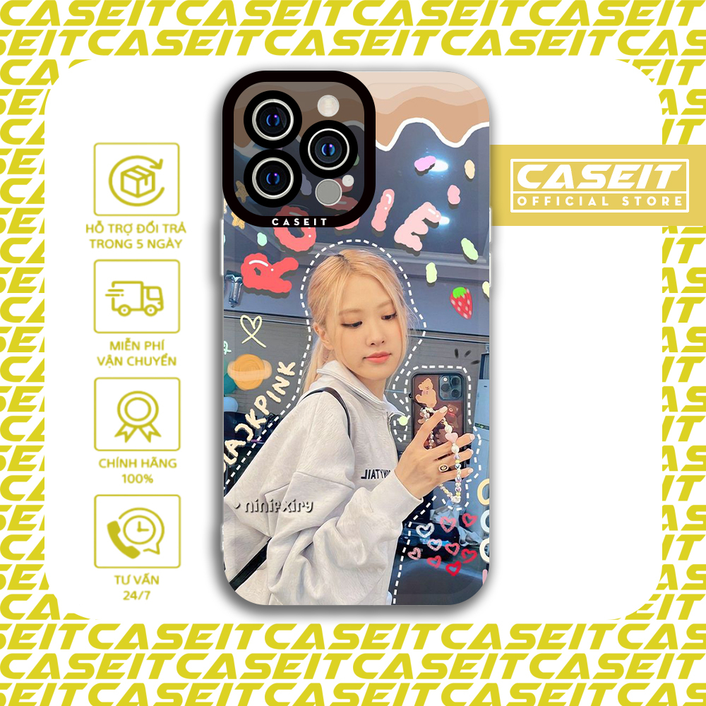 Ốp lưng iphone cạnh vuông Caseit Rose Black Pinkk Kpop cute aesthetic 8/8plus/x/xs/11/12/13/14/pro/max/plus/promax