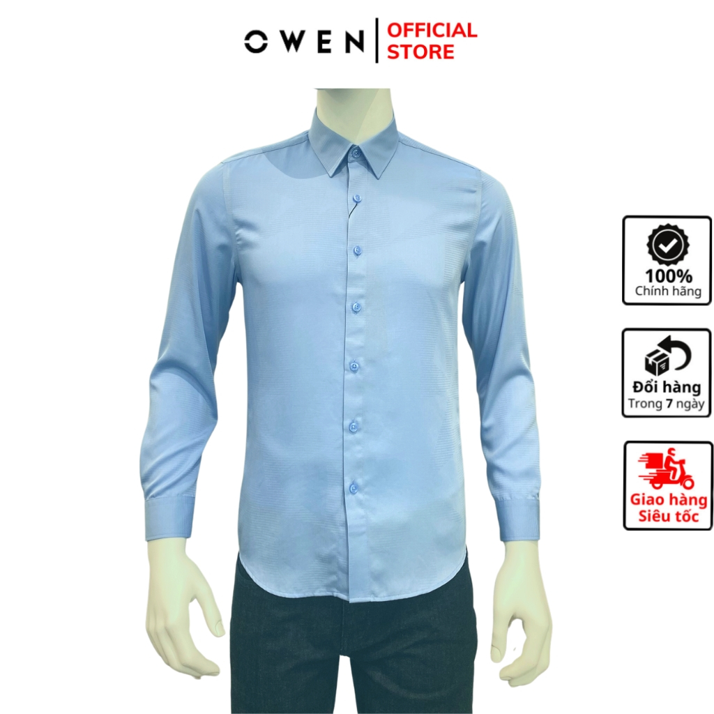 Áo sơ mi dài tay nam OWEN AS230539D somi công sở vải sợi tre cao cấp màu kẻ chìm xanh dáng slim fit tà lượn không túi