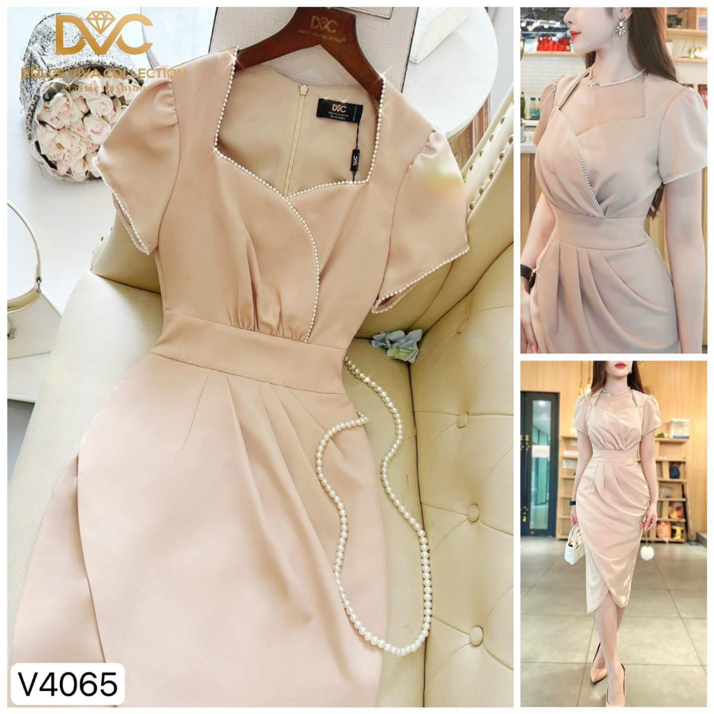 V4065 Váy đầm be cổ tim dáng ôm bút chì nữ tính  váy be nhún eo viền ngọc sang chảnh